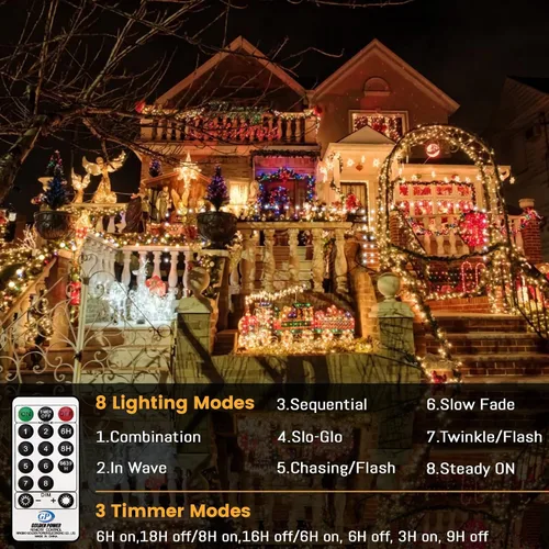 Vista 4 de Guirnalda de luces de Navidad para exteriores, 1000 LED de 344 pies con control remoto, fácil de moldear, impermeable, enchufable, luces de hadas