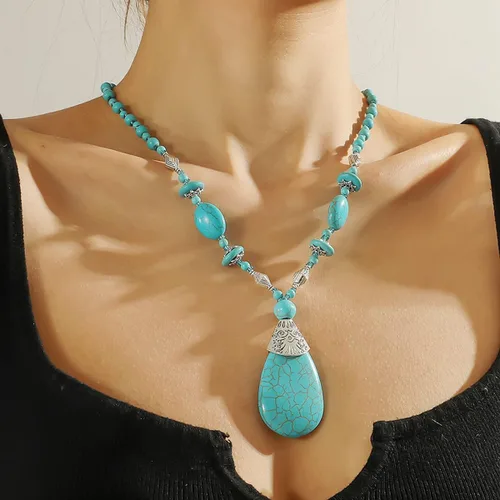 Vista 5 de K Collar bohemio turquesa con cuentas largas para mujer, joyería nativa para mujer, colgante étnico, joyería de estilo nacional, Zinc, No es una