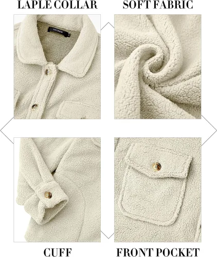 Vista 6 de TECREW Chaqueta de forro polar Sherpa de invierno para mujer, con botones y bolsillos
