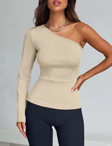 Vista 3 de ZESICA Camisetas de manga larga con un hombro para mujer, camisetas básicas ajustadas y ligeras de punto acanalado para otoño 2023