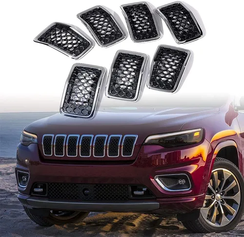 Vista 9 de 7 piezas de cubierta de rejilla frontal negra brillante compatible con modelos Jeep Grand Cherokee 2014-2016