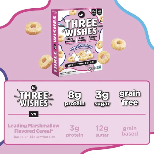 Vista 4 de Three Wishes Grain-Free & Protein Cereal - Healthy, Low Sugar & Gluten-Free Breakfast Cereal - Low Carb, Plant-Based, Vegan & Non-GMO - Marshmallow
