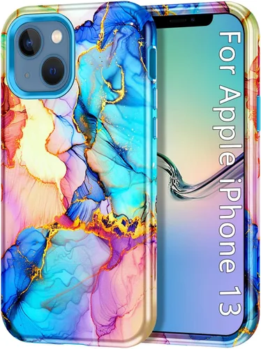 Vista 12 de CASEFIV Compatible con funda para iPhone 13, patrón de mármol 3 en 1, resistente a golpes y caídas, cuerpo completo, policarbonato duro y silicona