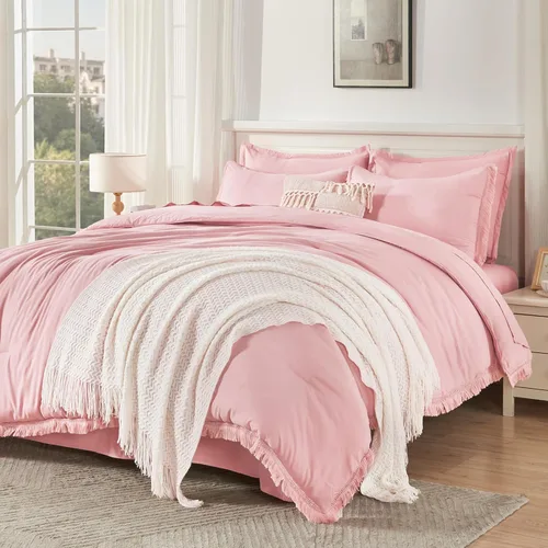 Vista 28 de Andency Juego de ropa de cama con edredón tamaño matrimonial beige con sábanas - 7 piezas, estilo bohemio con borlas, ropa de cama ligera en una 01