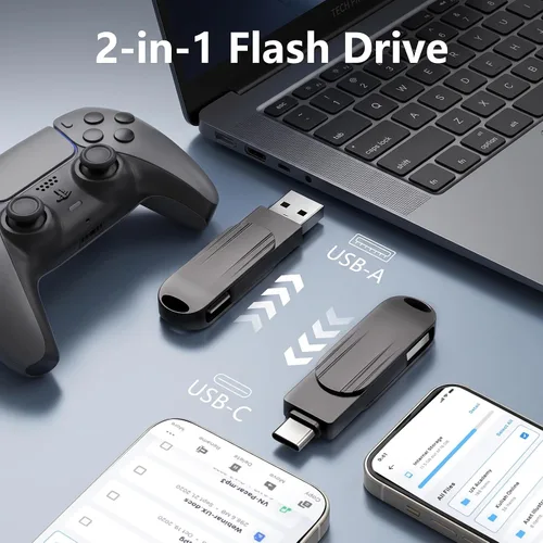 Vista 2 de Unidad flash USB de 512 GB para iPhone, USB-A y Tipo-C Pulgar Negro