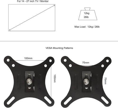Vista 2 de Soporte de pared para TV, monitor de movimiento completo, giratorio e inclinable para monitor LED OLED LCD de 14 a 27 pulgadas, VESA 75 x 75 3.937 x