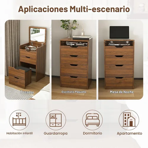 Vista 5 de Escritorio de tocador abatible con espejo iluminado LED y toma de corriente integrada, mesa de tocador de maquillaje con 2 cajones, almacenamiento