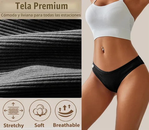 Vista 4 de FINETOO Ropa interior de algodón para mujer, sexy, elástica, de tiro bajo, hipster, suave, con cintura en V Negro