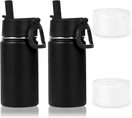 Vista 33 de Volhoply Botella de agua de acero inoxidable aislada de 14 onzas con tapa de pajita y funda de silicona, sin BPA, fácil de usar para niños y niñas