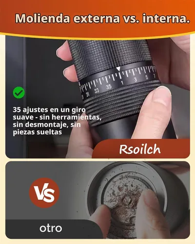 Vista 4 de Molinillo de café manual con rebabas de acero inoxidable, molinillo de mano de 1.12 onzas para expreso, goteo, prensa francesa, con 35 ajustes Negro