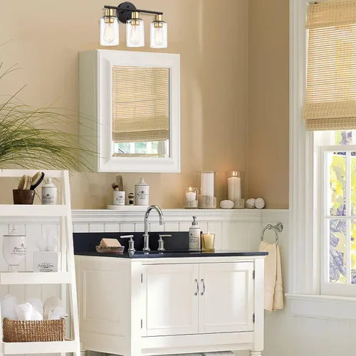 Vista 7 de Lámpara de tocador de 3 luces negra y dorada sobre el espejo, lámparas de pared de baño con pantalla de vidrio transparente que incluye base mediana