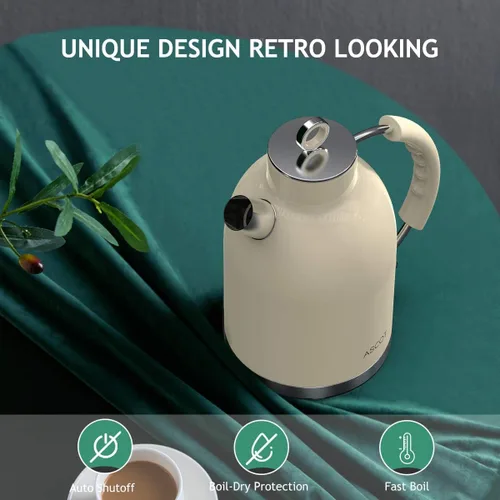 Vista 8 de ASCOT Hervidor eléctrico, de acero inoxidable, hervidor de té eléctrico, regalos para hombres/mujeres/familia, calentador de té retro de 1.5 L 1500