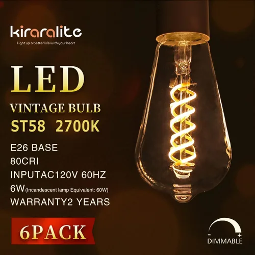 Vista 2 de Paquete de 6 bombillas Edison ST19 ST58, bombillas LED vintage, blanco suave de 2700 K, bombilla de filamento LED en espiral flexible antiguo, St58