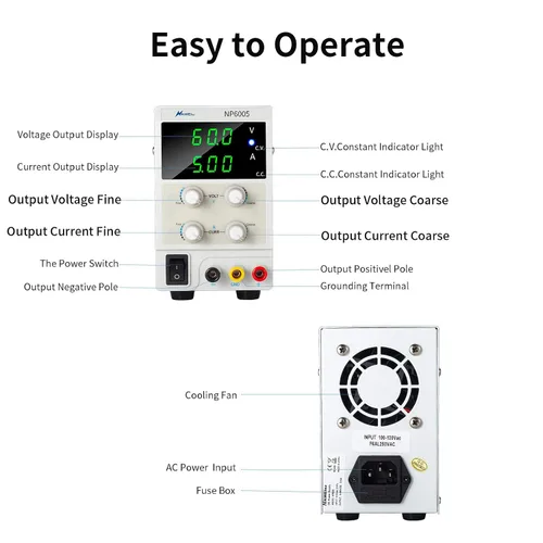 Vista 6 de Fuente de alimentación de CC variable de 60V 5A, fuente de alimentación de laboratorio de banco ajustable con pantalla LED de 3 bits, para carga