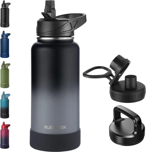Vista 20 de RUBYFLASK - Botella de agua aislada con pajilla, jarra de agua al vacío de acero inoxidable, 24 onzas, botella con 3 tapas a prueba de fugas