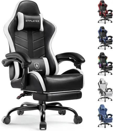 Vista 9 de GTPLAYER Silla de juegos para adultos, silla ergonómica para juegos de computadora con reposapiés, altura ajustable, reclinación de 90-155° y Azul