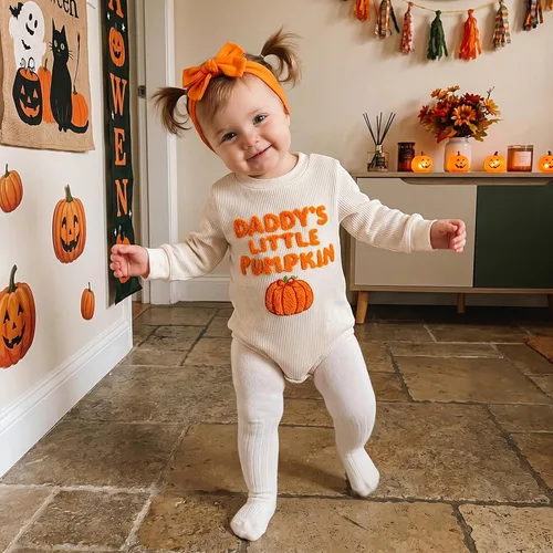 Vista 3 de Traje de Halloween para bebé niña con bordado de gofres de manga larga A-daddy's Little Pumpkin