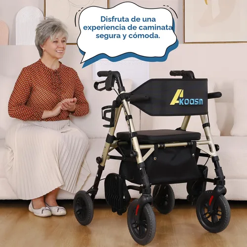 Vista 9 de Andador Rollator plegable para personas mayores con asiento, 2 en 1 ligero, silla de ruedas con ruedas para adultos, silla de transporte con frenos