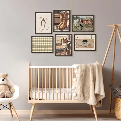 Vista 6 de Arte de pared de vaquero, imágenes en lienzo para guardería, decoración de pared de vaca occidental, impresiones de habitación de niños, póster