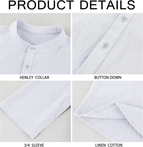 Vista 5 de Mens Linen Cotton Henley Shirts Lightweight Button Up Casual Tees 34 Sleeve Beach Plain Pullover V Neck Summer Tops