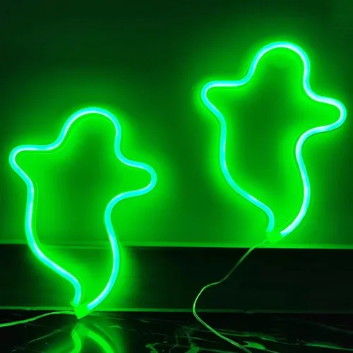 Vista 7 de Letreros LED de neón de fantasma, lámpara de noche decorativa de terror, funciona con pilas, luces góticas inalámbricas, decoraciones de Halloween