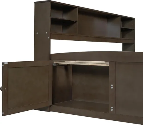 Vista 7 de Sofá cama de madera de tamaño matrimonial con 2 armarios de noche, estantes superiores y 4 cajones, marco de madera resistente, espacio de Marrón