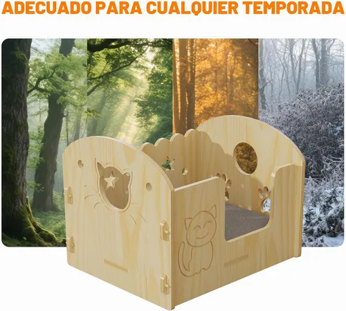 Vista 7 de Cama para gatos semicerrada de madera maciza con artesanía de tallado de dibujos animados, ahorro de espacio para apartamentos pequeños, estudios