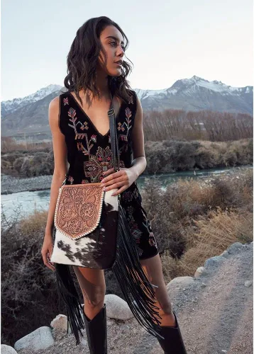 Vista 8 de Bolso de hombro de cuero occidental para mujer - Bolsa de lona reciclada a mano