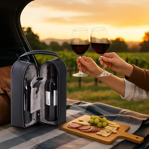 Vista 4 de Bey-Berk Portabotellas de vino de cuero negro, estuche de viaje de dos botellas con asa, cierre de cremallera y juego de herramientas de sacacorchos