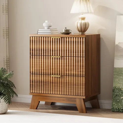 Vista 30 de Cómoda acanalada para dormitorio con 3 cajones, cómoda moderna de 24 pulgadas de ancho con mango de metal, soporte de TV de madera, armario de Negro