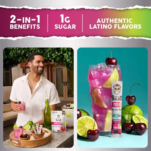 Vista 2 de Salud 2-en-1 Polvo para Bebida Energética + Enfoque, Sabor Cereza Lima, Cafeína Orgánica, B6 + B12, Teanina, Paquetes de Bebida Energética Limpia