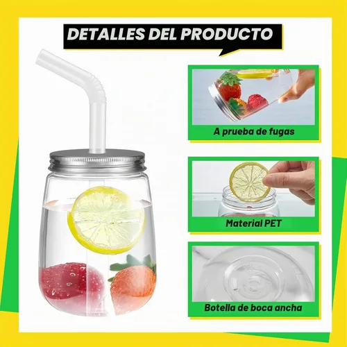 Vista 3 de Sabary Paquete de 24 tarros de plástico de 17 onzas con tapa y pajitas, tarro de jugo reutilizable con tapas de aluminio, tarro Mason transparente