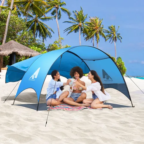 Vista 12 de Toldo para sombrilla de playa mejorado 2026 con protección UV UPF 50+, tienda de playa portátil para sol, ventilación de 360°, 4 bolsas de arena