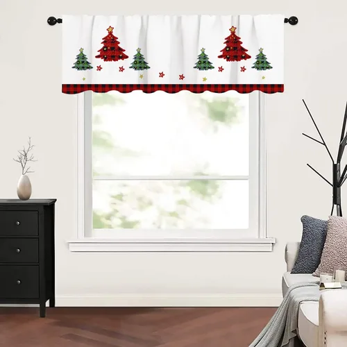 Vista 3 de Cortinas de cenefa de Navidad para ventanas, diseño de árbol de Navidad, color blanco y rojo, elegantes cenefas de cocina para ventanas con 11