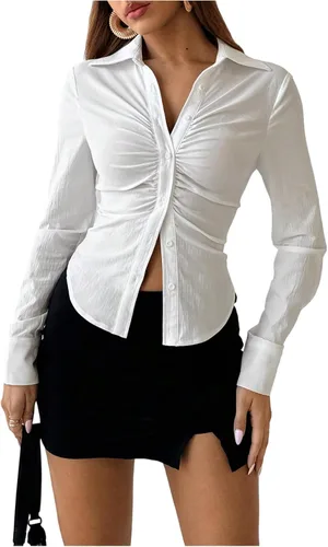 Vista 7 de SOLY HUX - Blusas de manga larga con botones y fruncidos para mujer, camisas de ajuste delgado, tops estéticos
