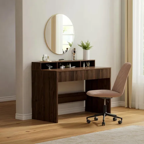 Vista 7 de Escritorio ejecutivo de 47 pulgadas con cajón estriado, moderno escritorio de oficina en casa con soporte largo para monitor y 2 cajones, escritorio