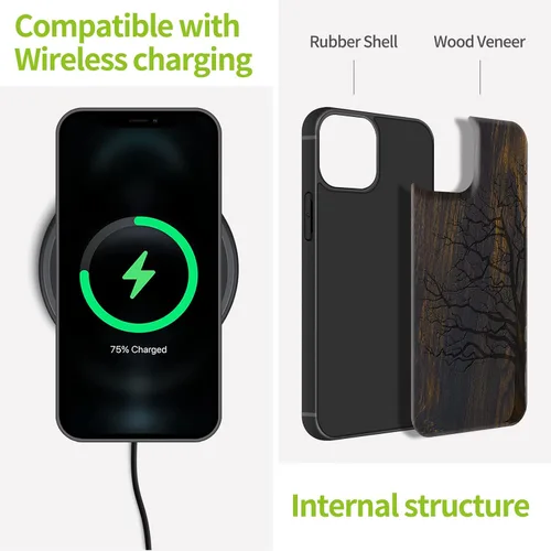 Vista 9 de Carveit Funda magnética de madera para iPhone 13 [madera real dura y TPU suave] Funda protectora híbrida de madera única y elegante a prueba