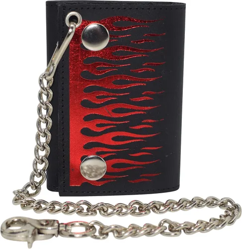 Vista 3 de MARSHAL Motocicleta Llamas RFID Bloqueo Tri-Fold Cuero Genuino Biker Cadena Billetera, Negro, Flames, Cartera Biker