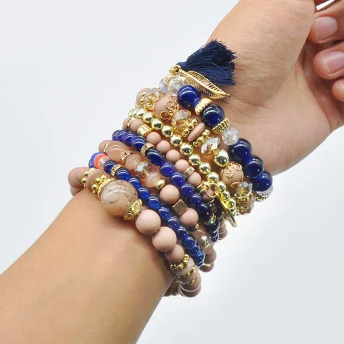 Vista 5 de Conjuntos de pulseras bohemias para mujer, 6 juegos de pulseras elásticas apilables multicolor, estilo hippie, joyas finas