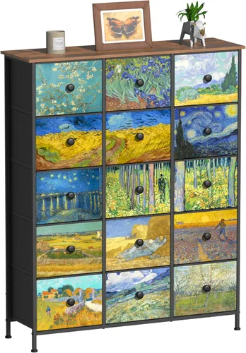 Vista 5 de EXOTICA - Cómoda grande con 15 cajones, cómoda alta de tela Van Gogh para dormitorio, sala de estar, entrada, armario con marco de metal resistente