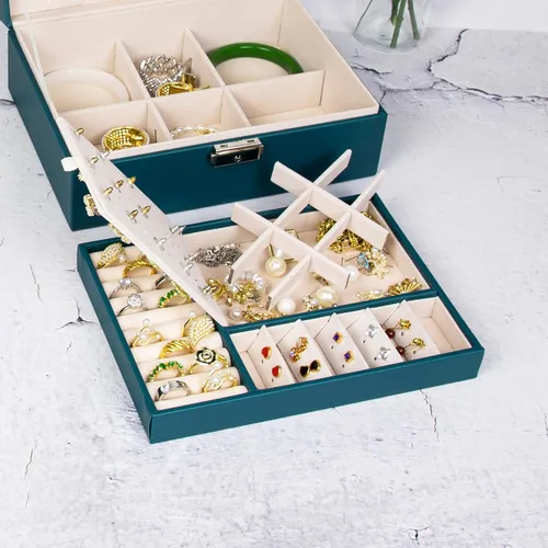 Vista 4 de SYCARON Joyero organizador para mujeres y niñas, estuche organizador de joyas de 2 capas, caja de almacenamiento de joyería de piel sintética