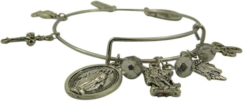 Vista 2 de Pulsera con dije católico con San Benito, San Miguel, Medalla Milagrosa, Cruz de cuatro vías, crucifijo y más colgantes de medalla, 7 12 pulgadas