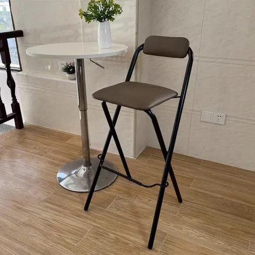 Vista 7 de Taburete de bar plegable de 26 ″/28 ″/30 ″, taburete de bar acolchado marrón rústico, silla alta de desayuno de cocina con respaldo y reposapiés