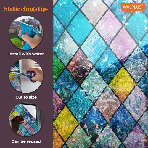 Vista 6 de WALPLUS Película decorativa de privacidad para ventana, diseño de arco iris, película extraíble para ventana, bloqueador solar estático, control