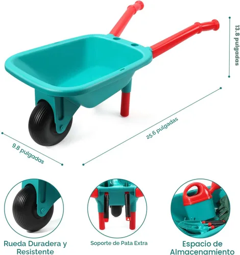 Vista 9 de CUTE STONE - Juego de herramientas de jardinería para niños, juguetes de jardín con carretilla, regadera, guantes de jardinería, rastrillo manual
