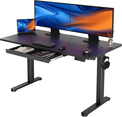 Vista 17 de YDN Escritorio de pie con cajón de 48 x 24 pulgadas eléctrico de altura ajustable negro Steel frame supports 176 lbs, 28.3 to 46.5 inch height