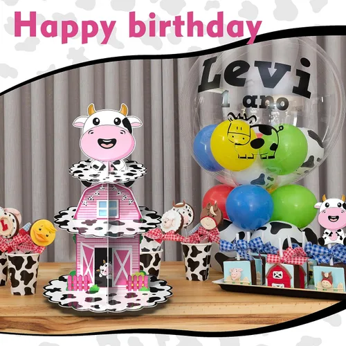 Vista 6 de Holy Cow I'm One Birthday Decor – Soporte de cartón con estampado de vaca de 3 niveles para fiesta de primer cumpleaños, soporte para cupcakes
