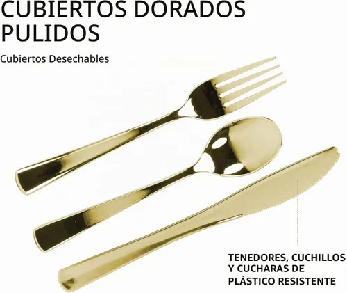 Vista 4 de Juego de cubiertos de plástico dorado, 160 unidades, cubiertos extra resistentes, cubiertos desechables, 80 tenedores, 40 cucharas, 40 cuchillos