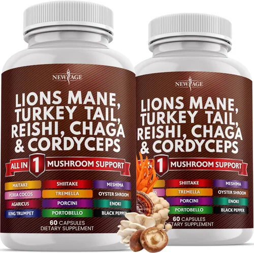 Vista 10 de NEW AGE Suplemento de hongo melena de león con cola de pavo Reishi Cordyceps Chaga con raíz de malvavisco