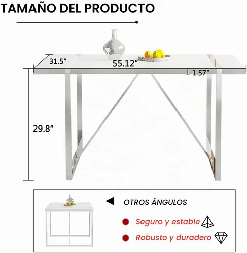 Vista 5 de Juego de mesa de comedor para 4, juego de mesa de cocina rectangular de MDF blanco con sillas de comedor de cuero, juego de 4, juego de mesa
